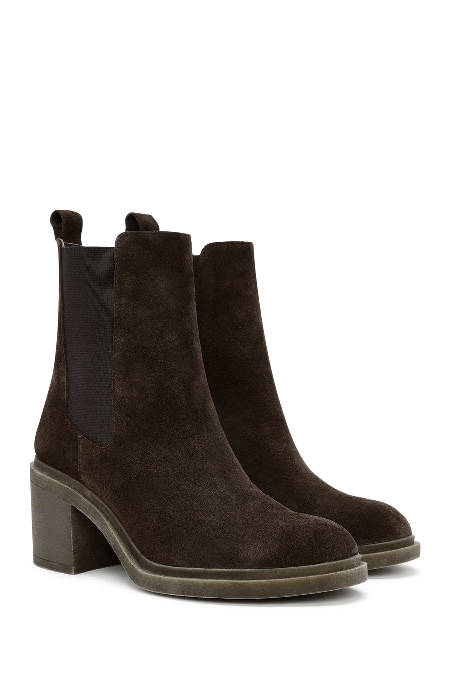Woman Brown Chunky Heel Suede Leather Chelsea Boots