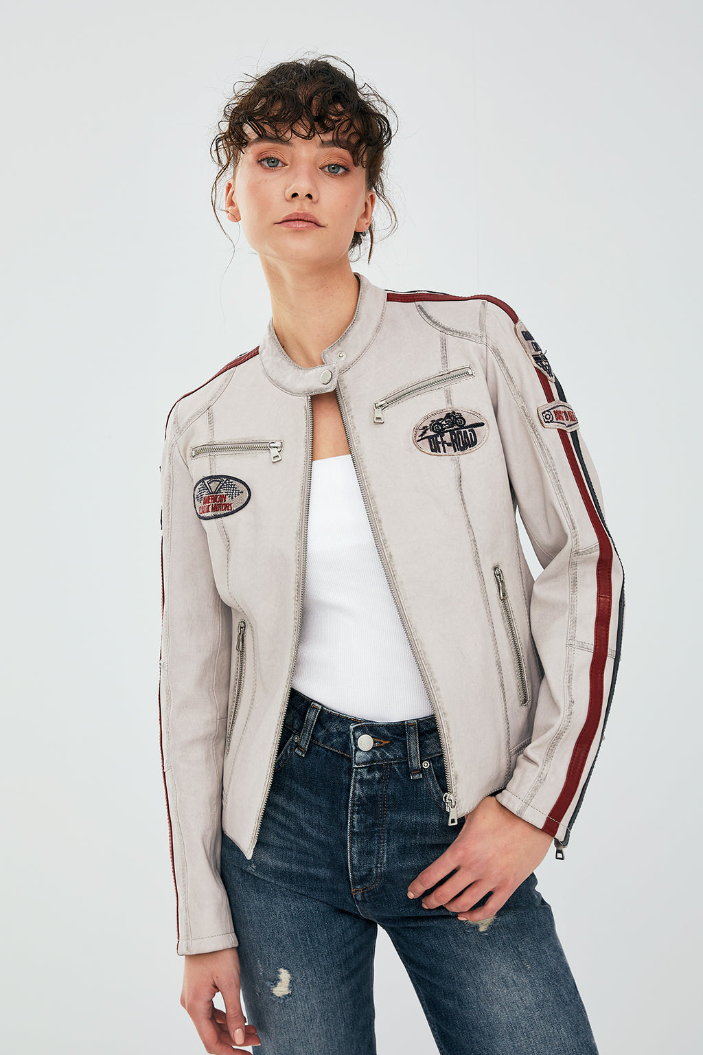 Ladyracer Kadın Beyaz Armalı Spor Deri Mont