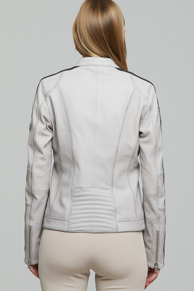 Ladyracer Women's White Embroidered Sports Leather Coat