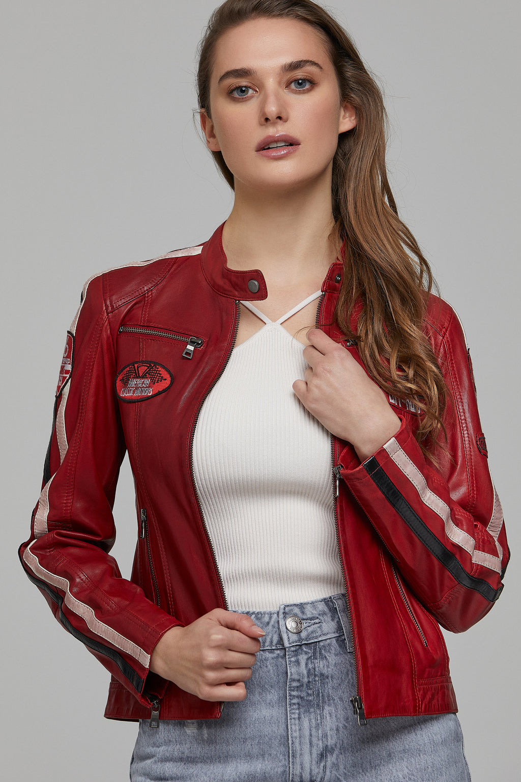 Ladyracer Kadın Kırmızı Armalı Spor Deri Mont