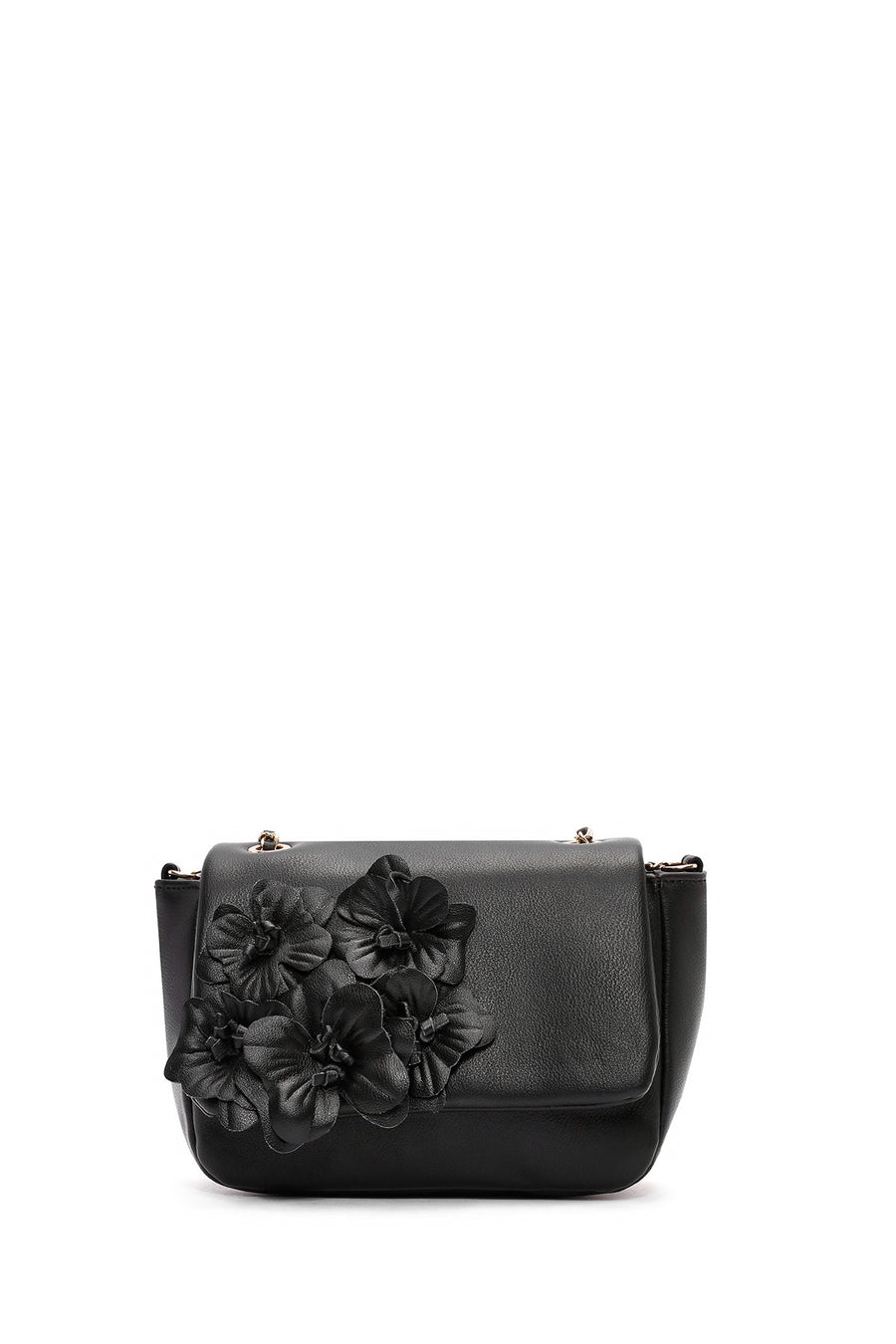 Kadın Siyah Zincir Askılı Floral Detaylı Mini Omuz Çantası