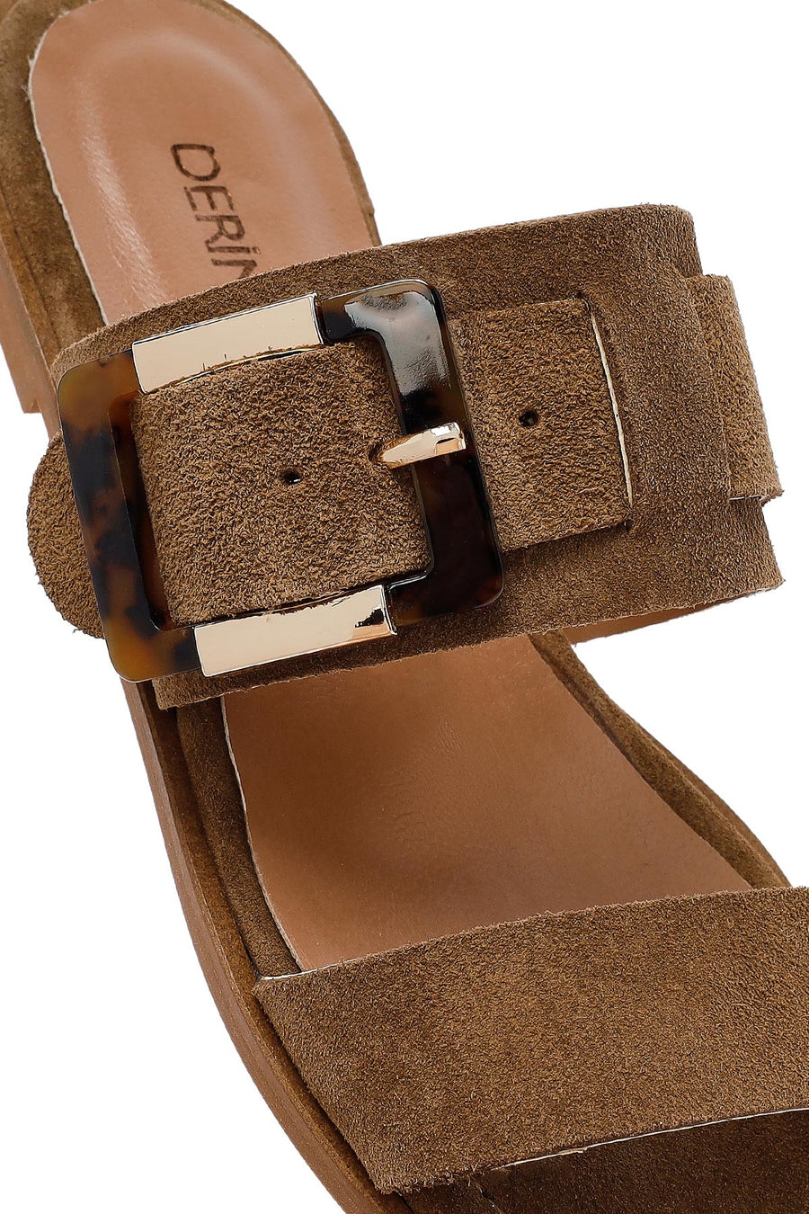 Woman Beige Buckled Suede Leather Slipper