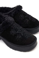Woman Black Thick-soled Embellished Suede Leather Teddy Slipper | Derimod