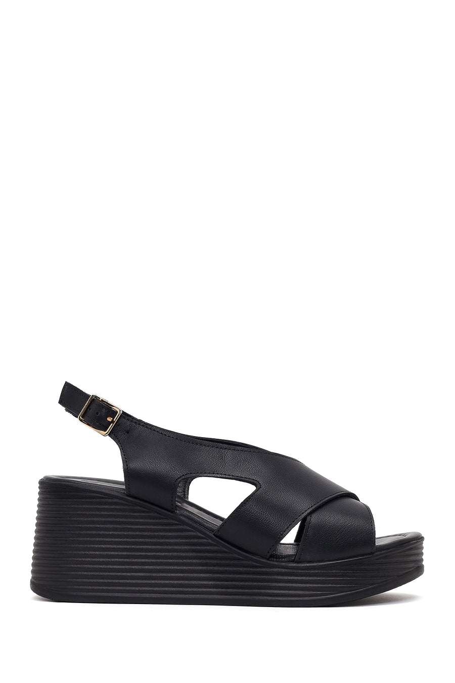 Women's Black Ankle Buckle Platform Leather Sandals 26SFD181518 | Derimod