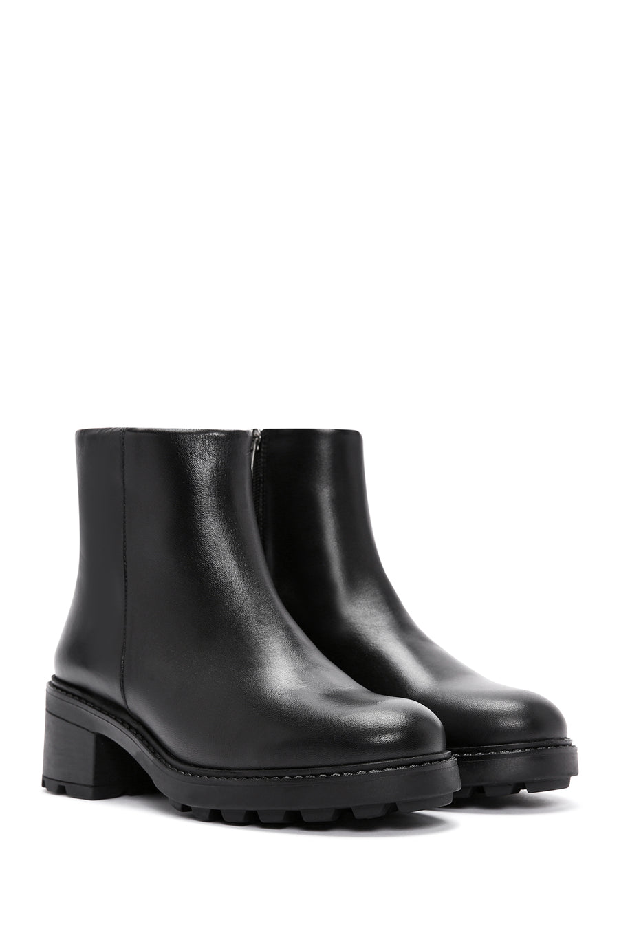Women's Black Zippered Thick Heeled Leather Boots