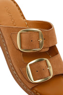 Women's Tan Buckle Suede Leather Comfort Slippers | Derimod