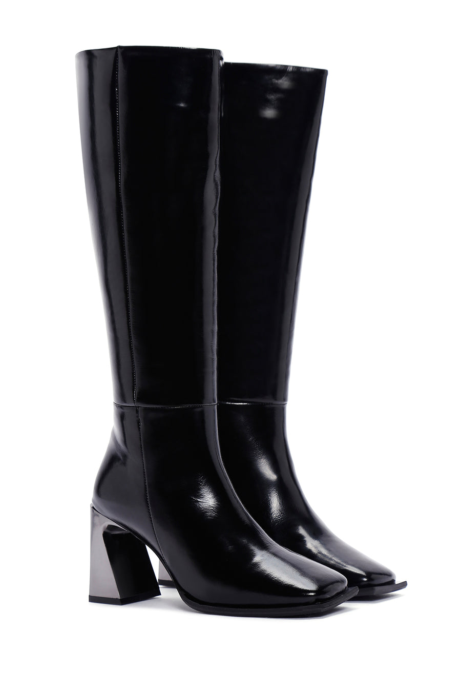 Women's Black Thick Heeled Zippered Patent Leather Boots