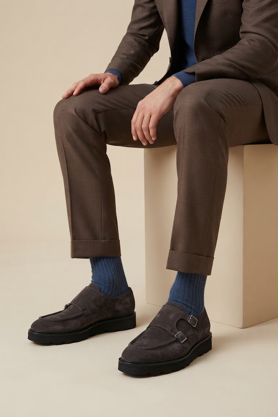 Male Anthracite Double Buckle Thick Sole Suede Leather Casual Shoes
