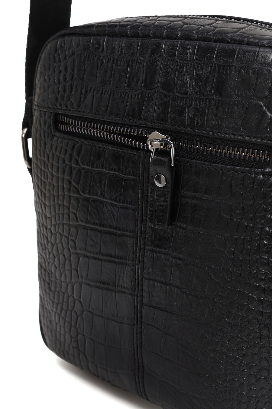Male Black Crocodile-Embossed Leather Messenger Bag