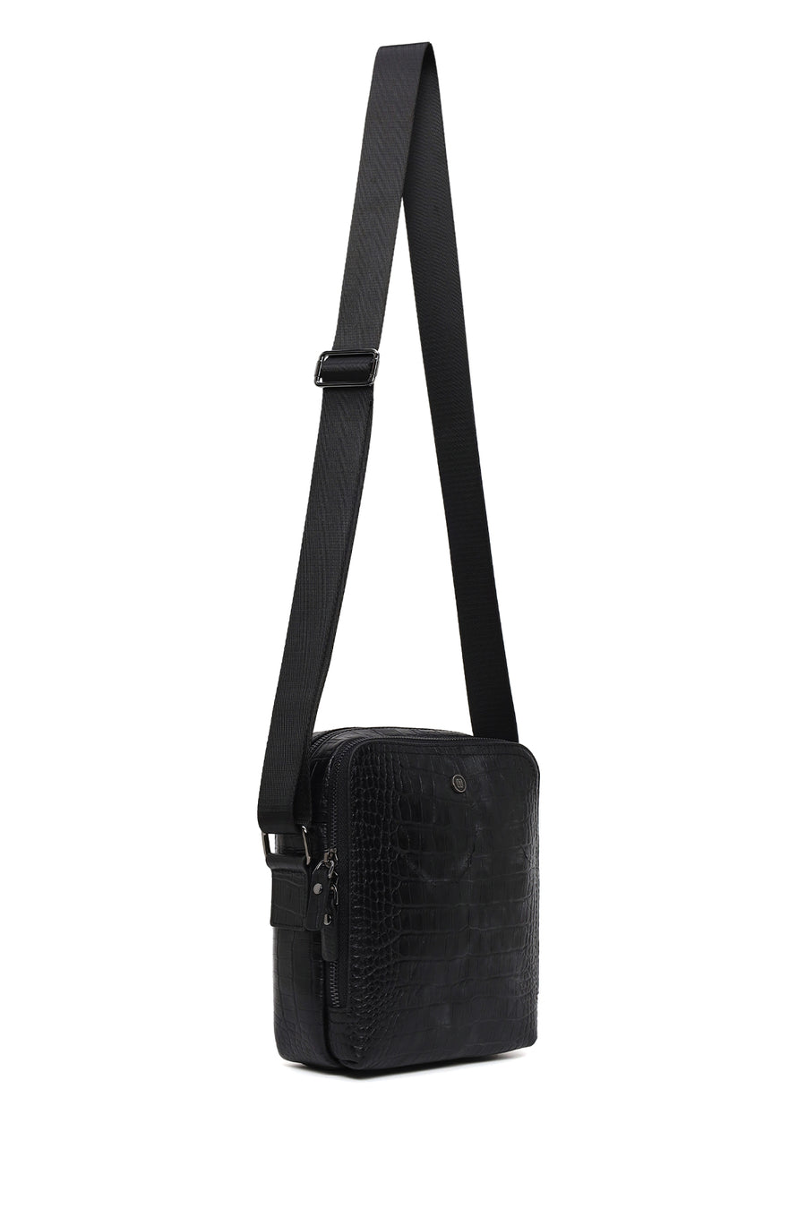 Male Black Crocodile-Embossed Leather Messenger Bag