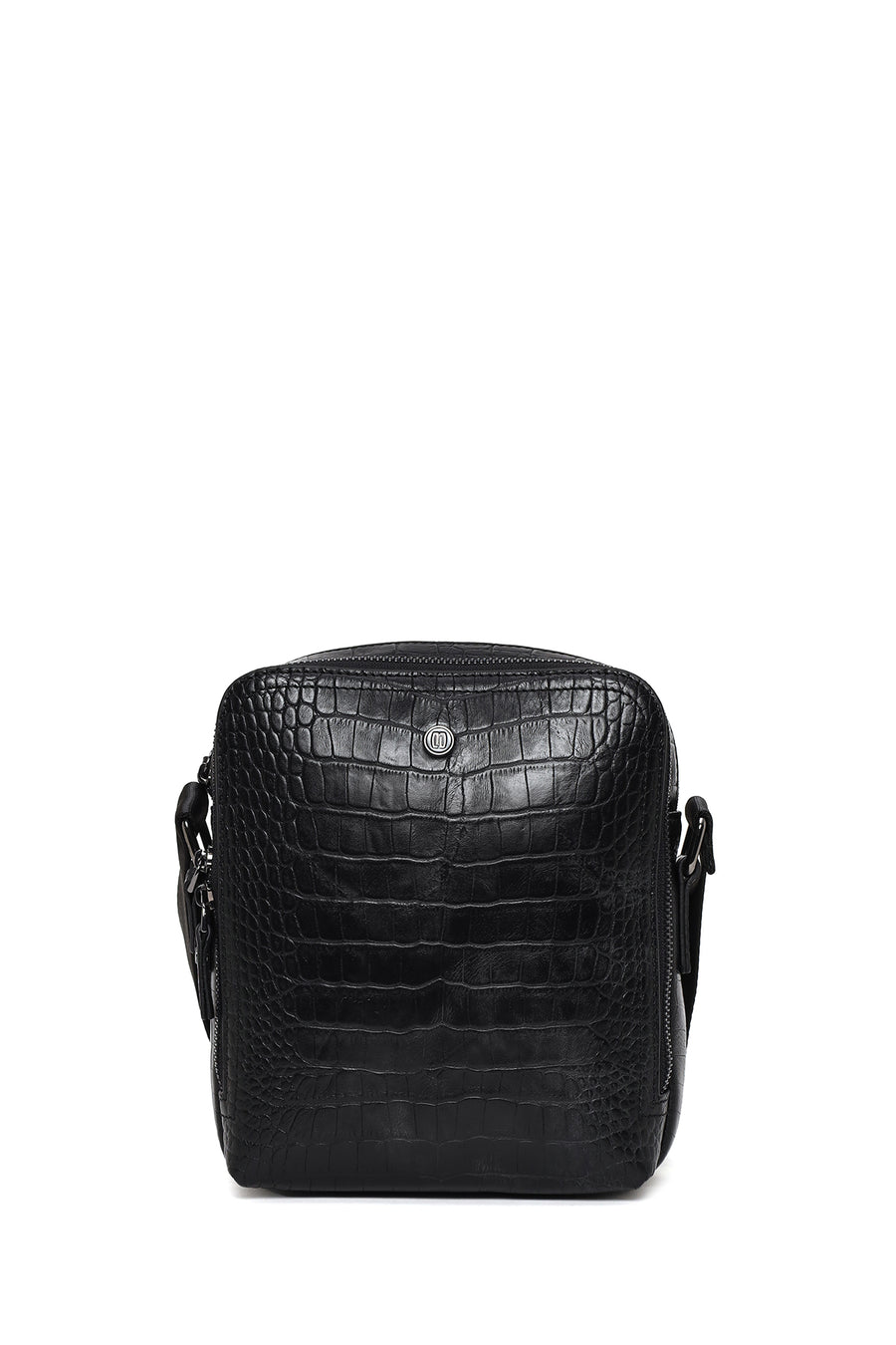Male Black Crocodile-Embossed Leather Messenger Bag