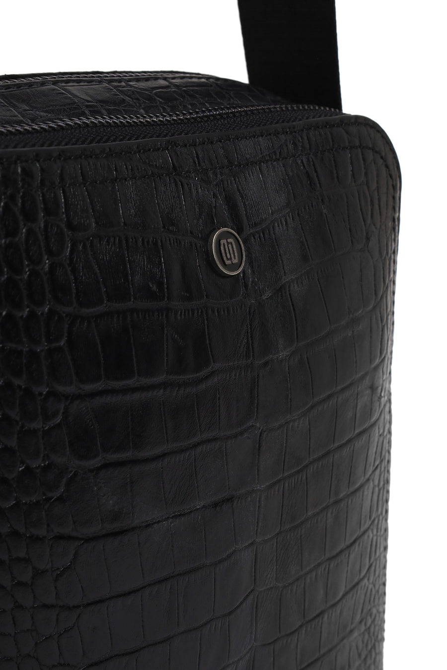 Male Black Crocodile-Embossed Leather Messenger Bag
