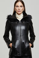 Rachel Women's Black Hooded Fur Leather Coat | Derimod