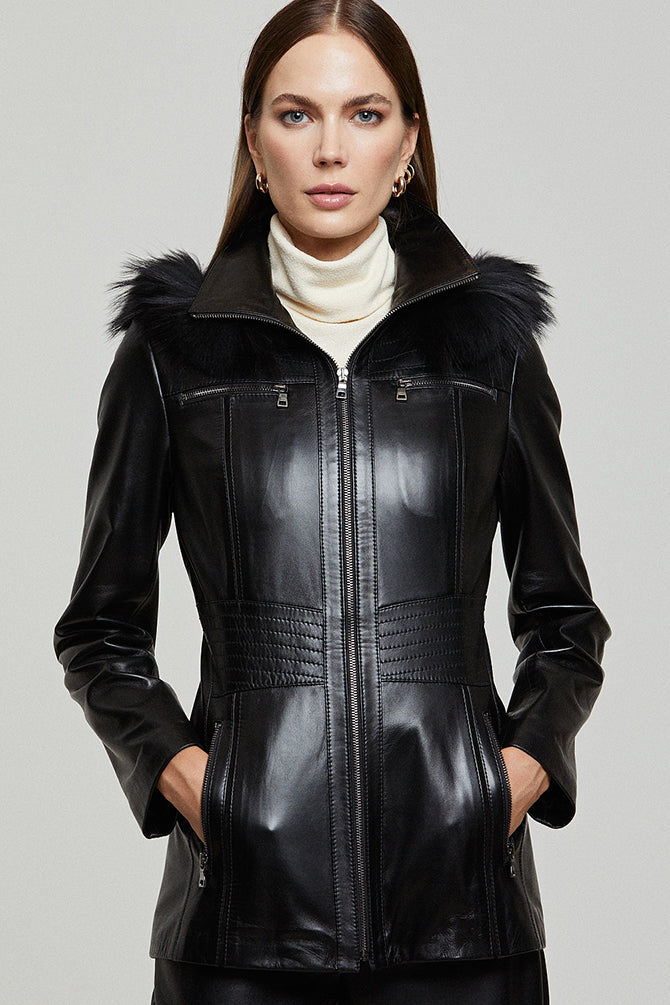Rachel Women's Black Hooded Fur Leather Coat