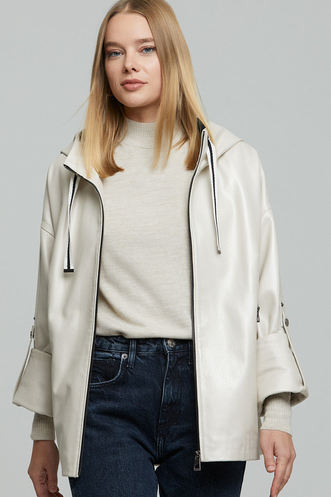 Jennifer Women's Beige Hooded Oversize Leather Jacket