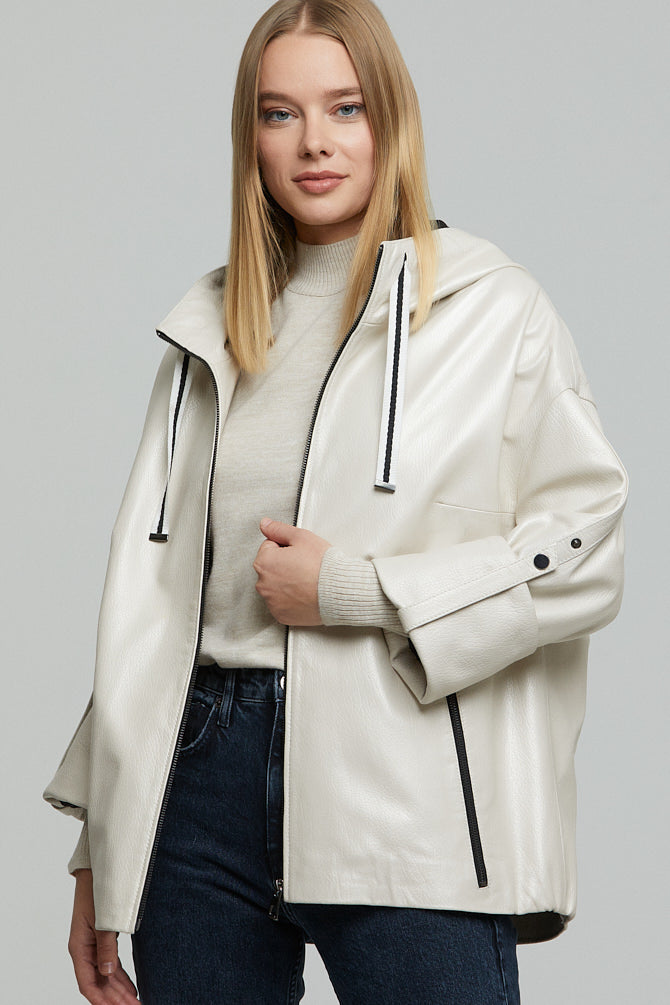 Jennifer Women's Beige Hooded Oversize Leather Jacket