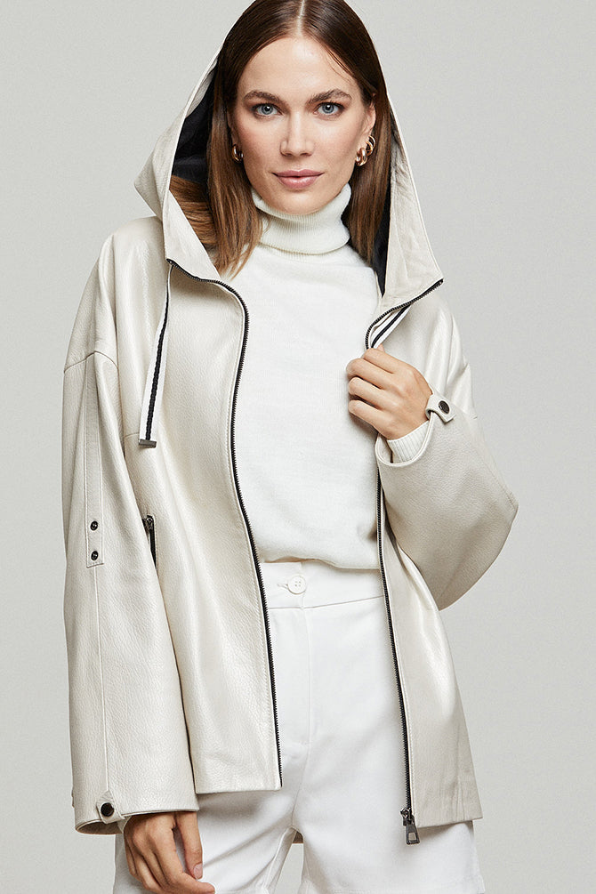 Jennifer Women's Beige Hooded Oversize Leather Jacket