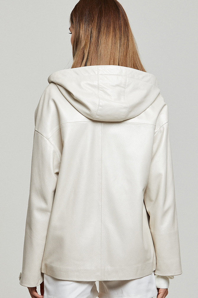 Jennifer Women's Beige Hooded Oversize Leather Jacket