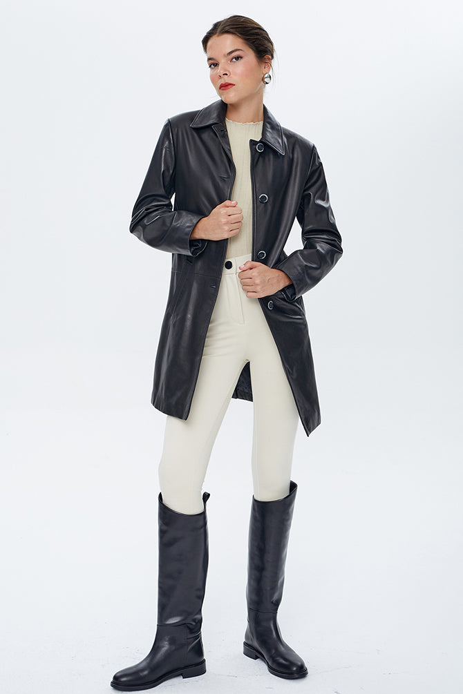Sophia Women's Black Long Leather Jacket