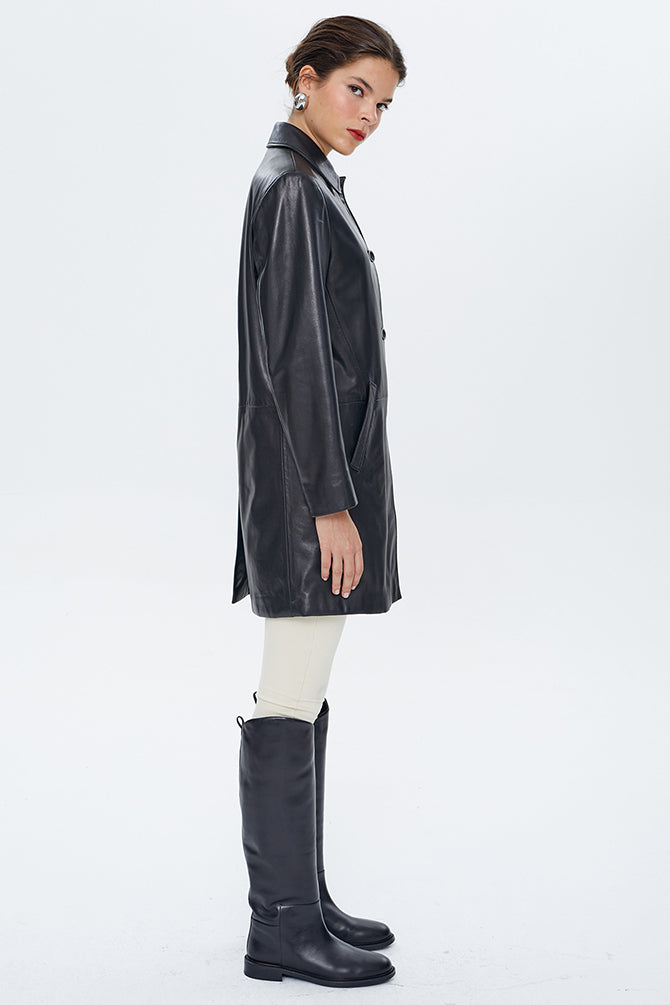 Sophia Women's Black Long Leather Jacket