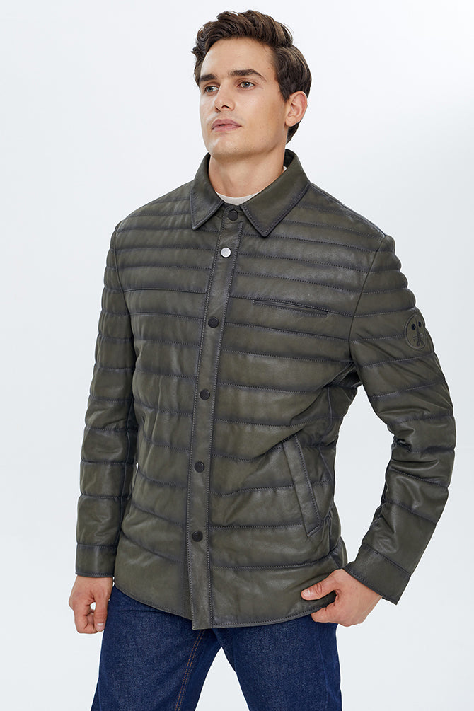 Locatelli Men's Khaki Nubuck Puffer Leather Jacket