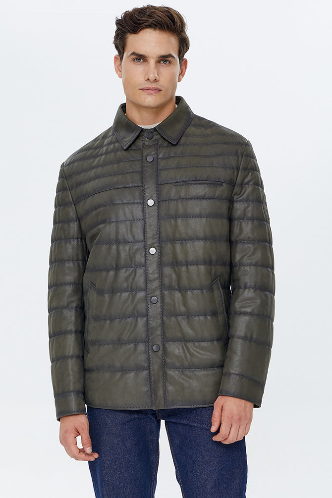 Locatelli Men's Khaki Nubuck Puffer Leather Jacket