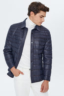 Locatelli Men's Navy Blue Nubuck Puffer Leather Jacket | Derimod