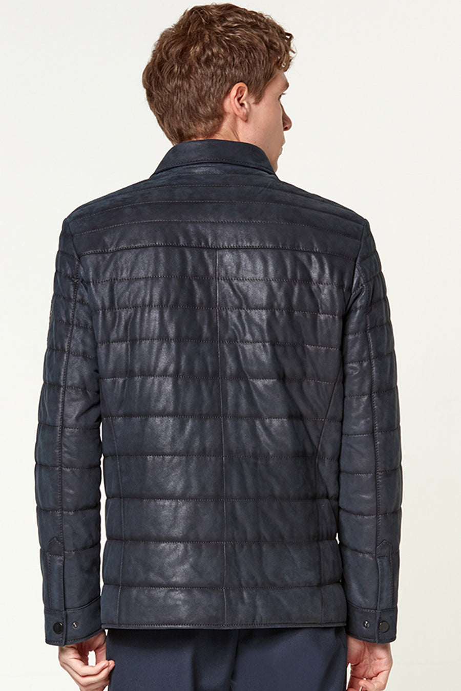 Locatelli Men's Navy Blue Nubuck Puffer Leather Jacket