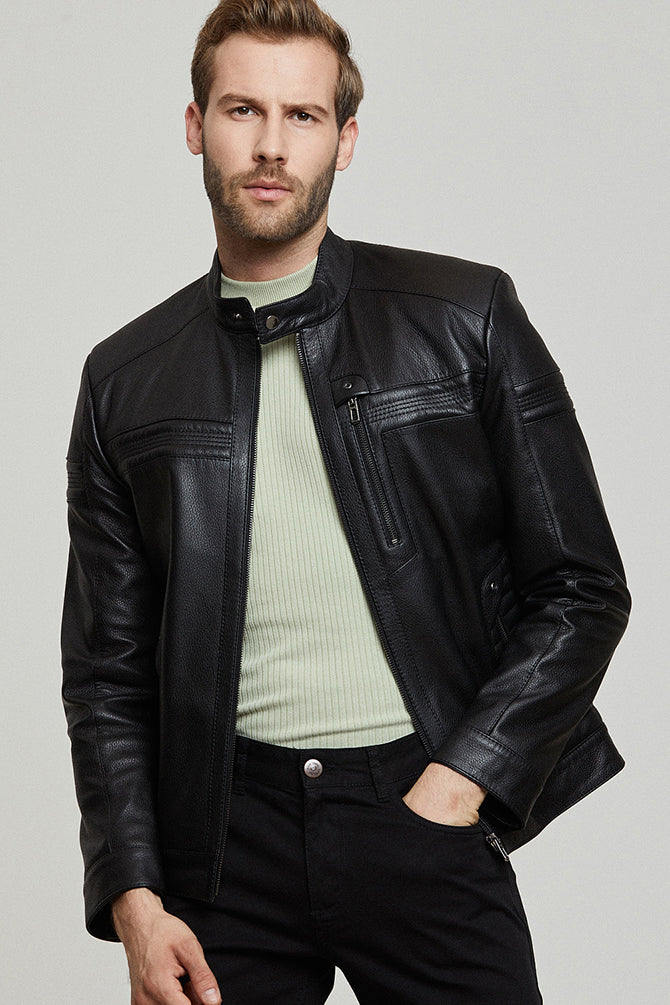 Gobert Erkek Siyah Slim-Fit Deri Mont