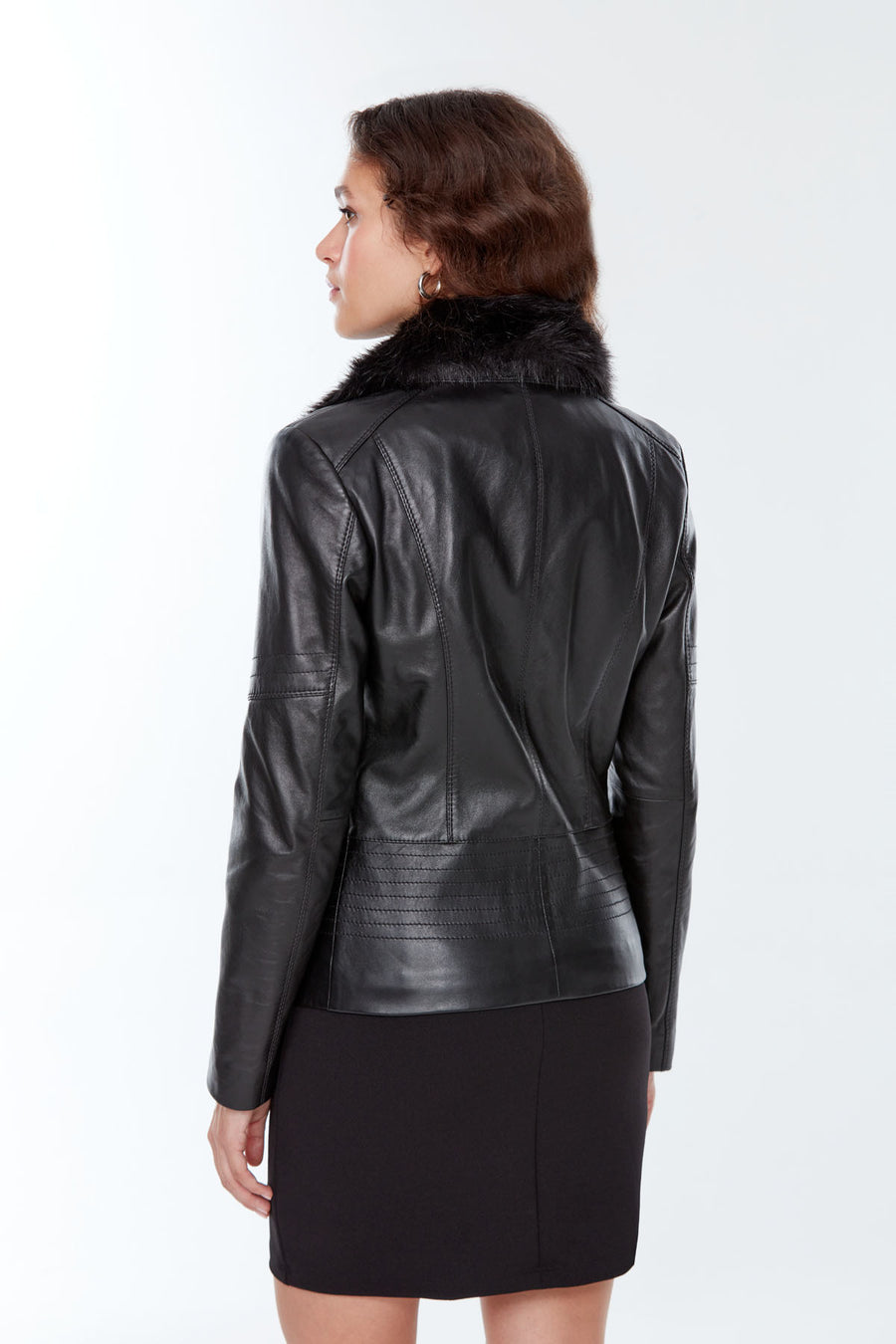 Belinda Women's Black Leather Jacket with Fur Collar