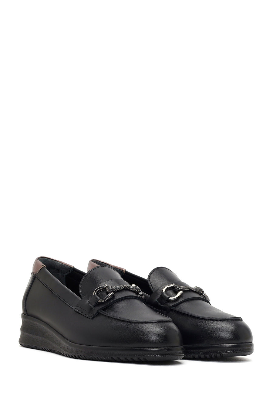 Kadın Siyah Tokalı Dolgu Topuklu Deri Comfort Loafer