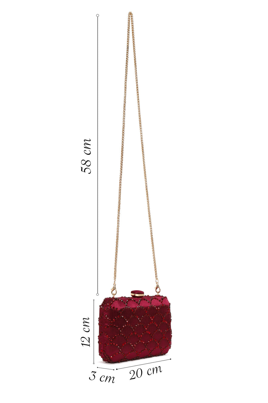 Woman Burgundy Long Chain Strap Stone-Embellished Mini Clutch Evening Bag