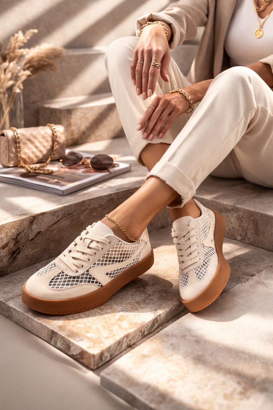 Women's Beige Lace-up Fabric Sneaker