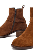 Women's Tan Zippered Short Heel Suede Leather Boot | Derimod