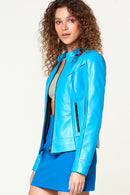 Tiffany Women's Blue Slim-Fit Short Leather Jacket | Derimod