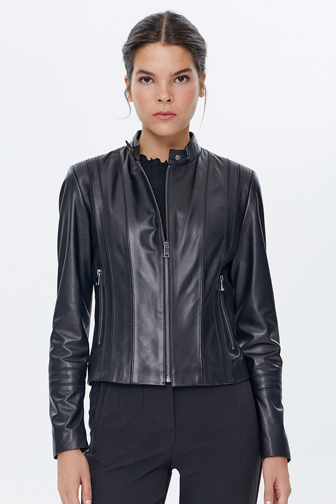 Irma Women's Black Stretch-Fit Leather Jacket