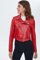 Star Women's Red Short Leather Biker Jacket | Derimod