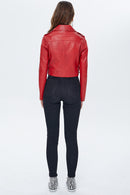Star Women's Red Short Leather Biker Jacket | Derimod