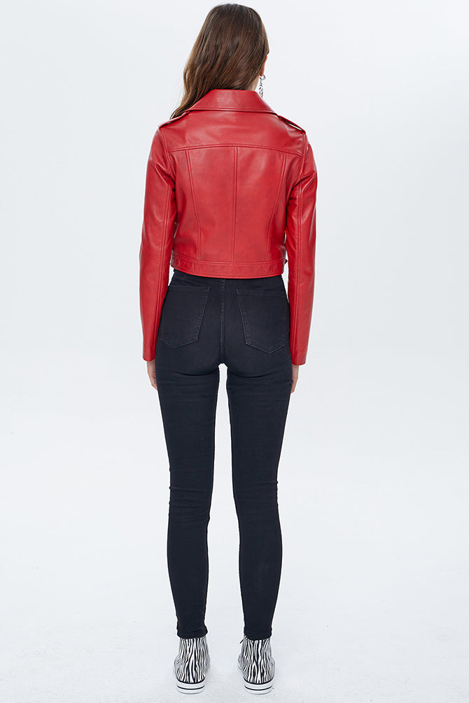 Star Women's Red Short Leather Biker Jacket