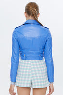 Melody Blue Women's Short Biker Leather Jacket | Derimod