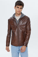 Danny Men's Cognac Hooded Sports Leather Jacket | Derimod