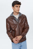 Danny Men's Cognac Hooded Sports Leather Jacket | Derimod