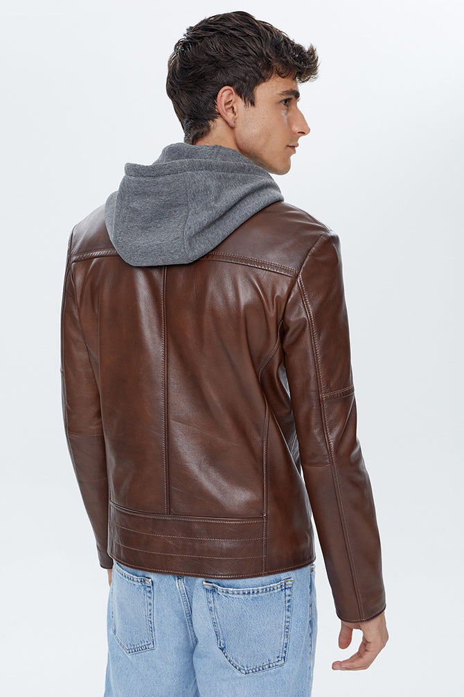 Danny Men's Cognac Hooded Sports Leather Jacket