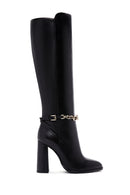 Women's Black High Heel Zippered Leather Boots with Chain Detail | Derimod