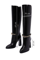 Women's Black High Heel Zippered Leather Boots with Chain Detail | Derimod