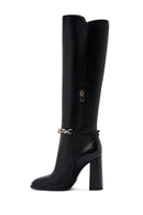 Women's Black High Heel Zippered Leather Boots with Chain Detail | Derimod
