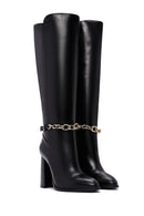 Women's Black High Heel Zippered Leather Boots with Chain Detail | Derimod
