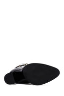 Women's Black High Heel Zippered Leather Boots with Chain Detail | Derimod