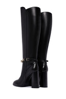 Women's Black High Heel Zippered Leather Boots with Chain Detail | Derimod