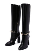 Women's Black High Heel Zippered Leather Boots with Chain Detail | Derimod